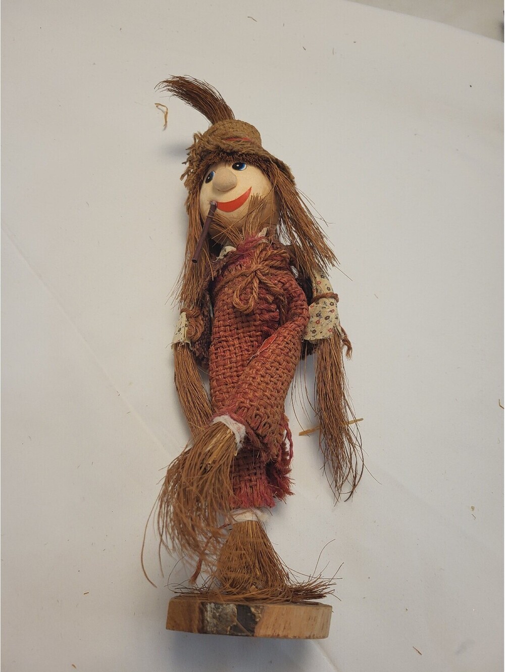 Rustic 14x4.5"  Folk Art Doll with Burlap Dress on Wooden Base